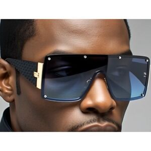 RETRO SHIELD Style Gold Frame Flat Top Blue Lens Men Shades Aviator Gafas Lentes